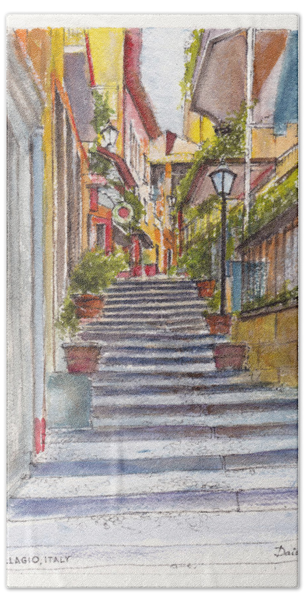 Streetscape Bath Towel featuring the painting Bellagio Street Aquarelle by Dai Wynn