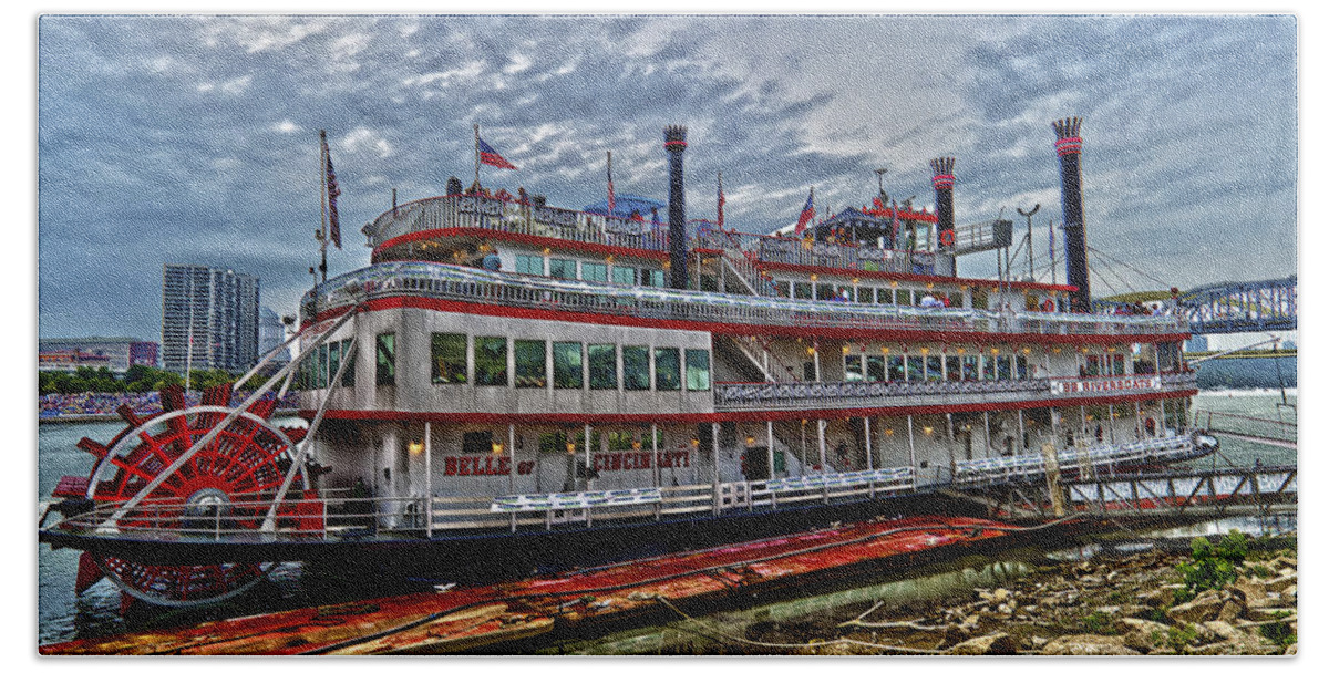 Paddle Boat Belle Of Cincinnati Ohio Hdr River Era Red White Hand Towel featuring the photograph Belle of Cincinnati by Keith Allen