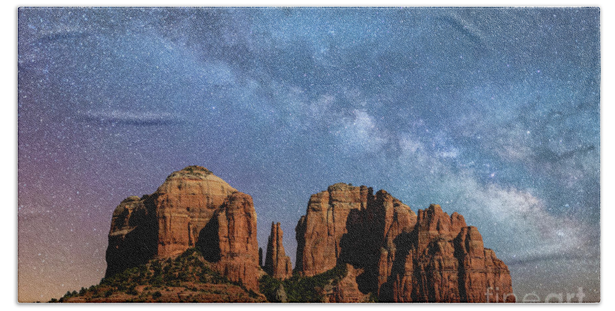 Cathedral Rock Hand Towel featuring the photograph Below the Milky Way at Cathedral Rock by Robert Loe
