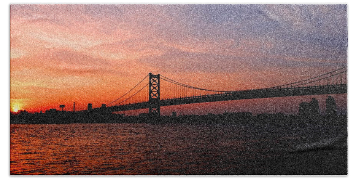 Philadelphia Hand Towel featuring the photograph Ben Franklin Bridge Sunset by Matt Quest