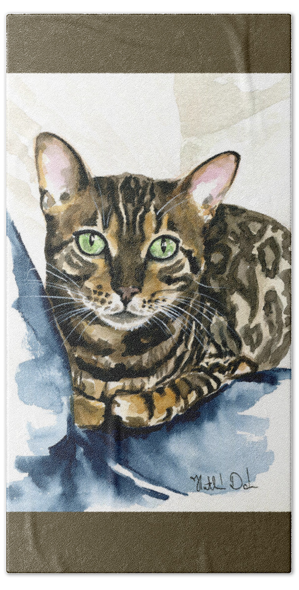 Cat Bath Towel featuring the painting Bengal Perfection - Cat Painting by Dora Hathazi Mendes