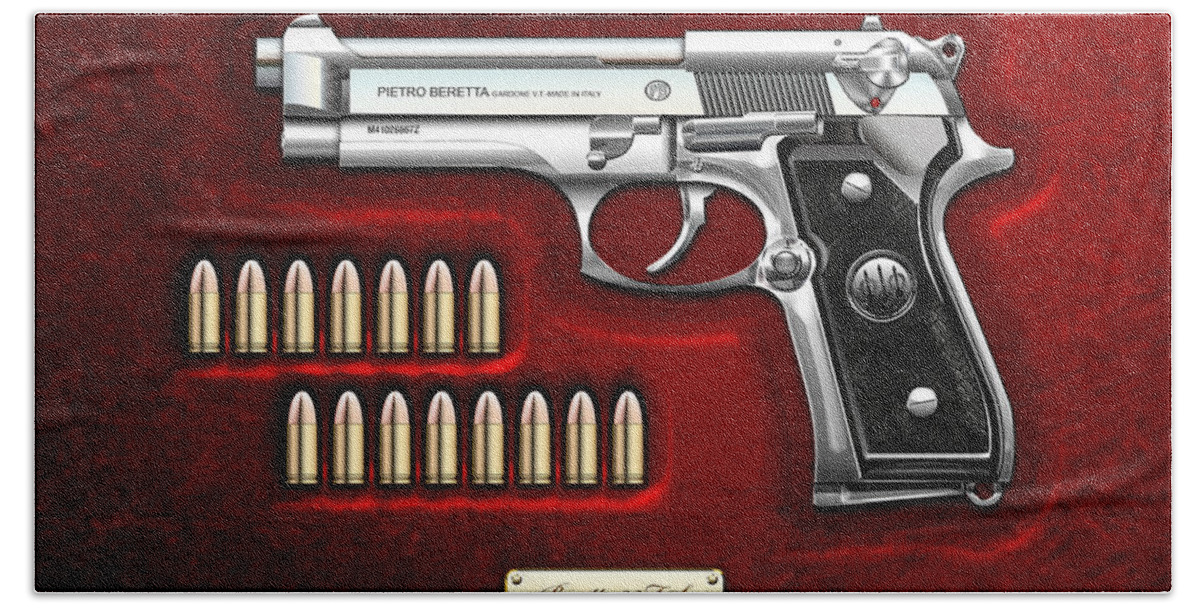 The Armory By Serge Averbukh Bath Towel featuring the photograph Beretta 92fs Inox Over Red Velvet by Serge Averbukh