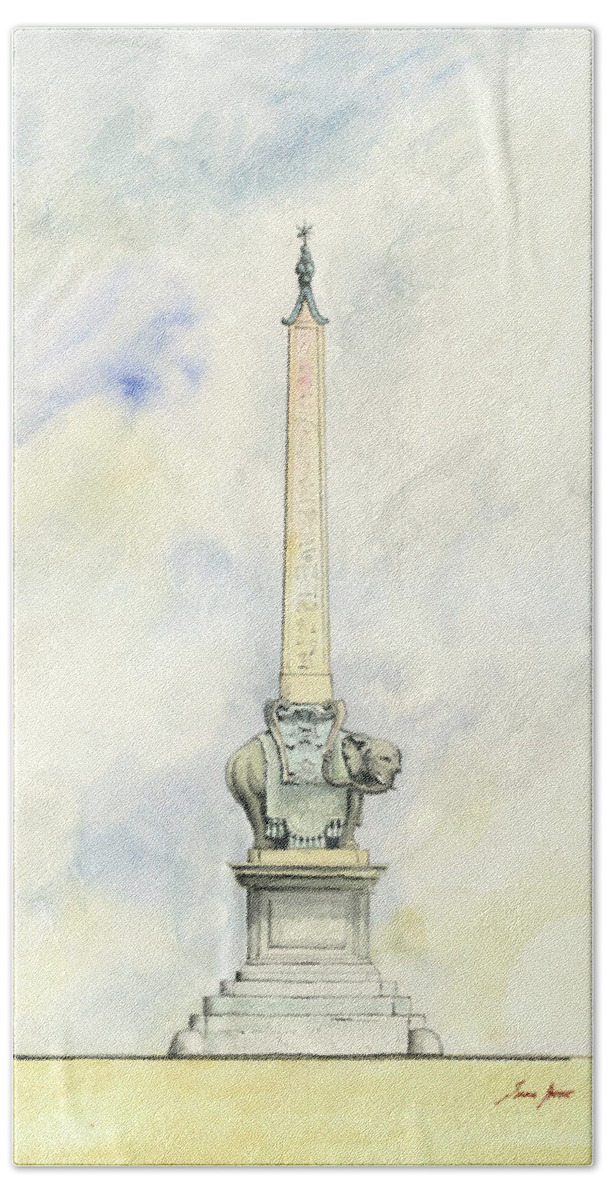 Elephant Obelisk Hand Towel featuring the painting Bernini elephant with obelisk by Juan Bosco