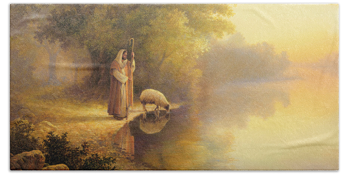 Jesus Hand Towel featuring the painting Beside Still Waters by Greg Olsen