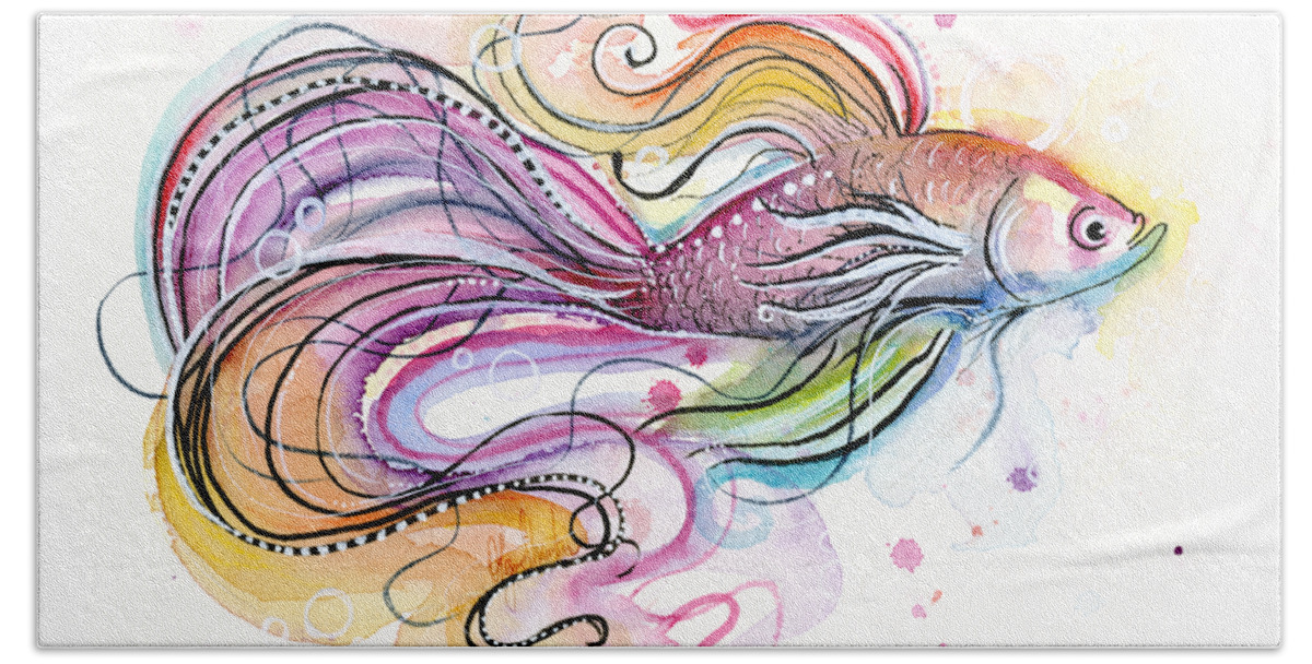 Fish Hand Towel featuring the painting Betta Fish Watercolor by Olga Shvartsur