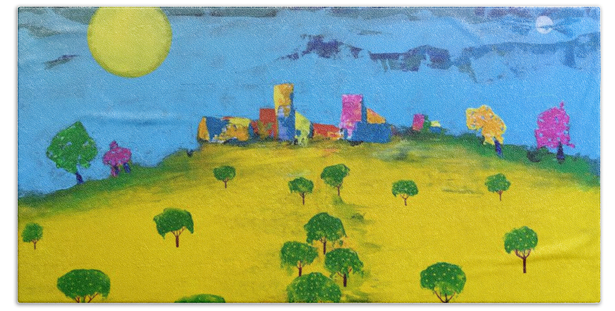 Lemons Bath Towel featuring the painting Beyond the Lemon Grove by Lew Hagood