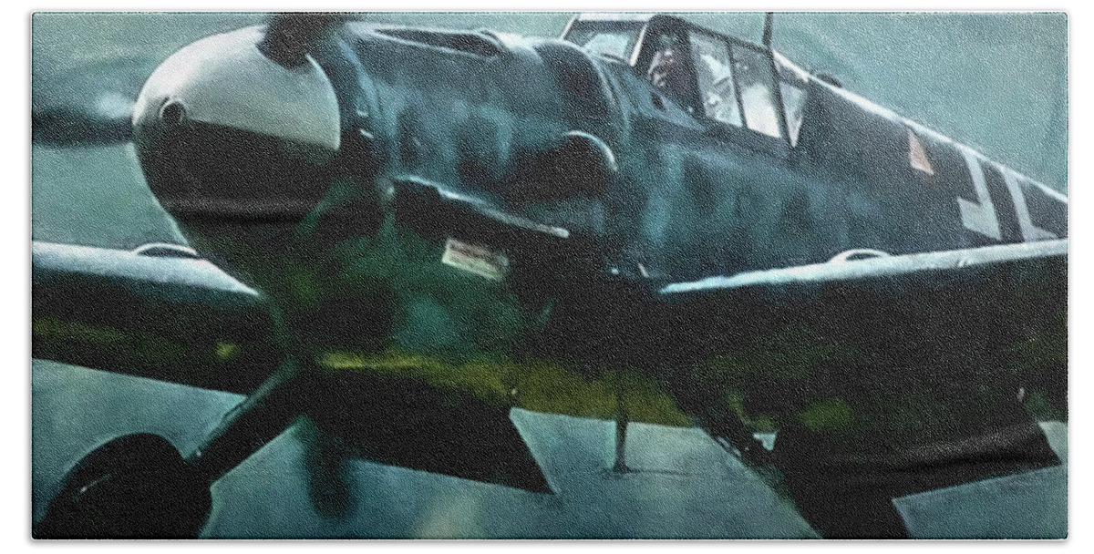 Fighter Bath Towel featuring the digital art Bf-109 Intercept in Oil triptych No 2 by Tommy Anderson