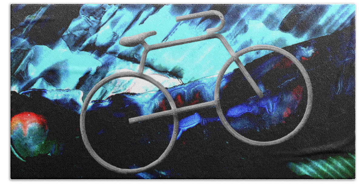 Bike Bath Towel featuring the mixed media Bicycle Abstract Art BLUE by Lesa Fine