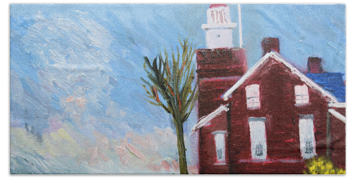  Lighthouse Lake Superior Bed And Breakfast Skyscape Blue Red Orange Bath Towel featuring the painting Big Bay Lighthouse by Michael Daniels