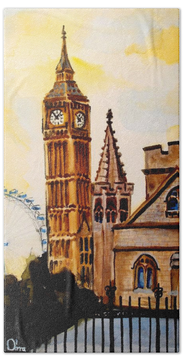 London Hand Towel featuring the painting Big Ben and London Eye - Art by Dora Hathazi Mendes by Dora Hathazi Mendes