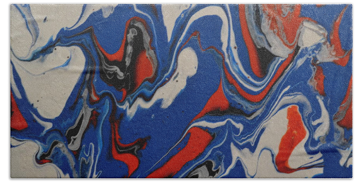 A Abstract Painting Of Large Blue Waves With White Tips. The Waves Are Picking Up Red And Black Sand From The Beach. Some Of The Blue Waves Are Curling Over. Hand Towel featuring the painting Big Blue Waves by Martin Schmidt