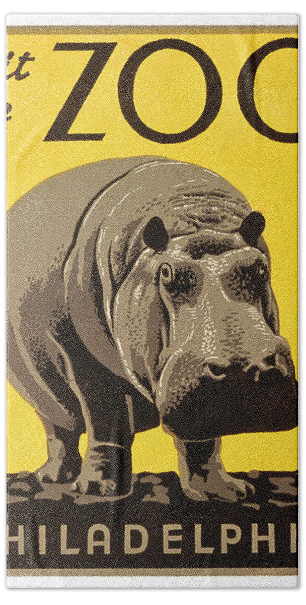 Big Hippo Hand Towel featuring the painting Big Hippo, visit the zoo in Philadelphia, travel poster by Long Shot