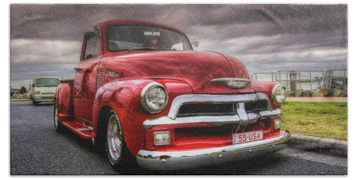 Chevrolet Pickup Bath Towel featuring the digital art Big red 55 by Kevin Chippindall