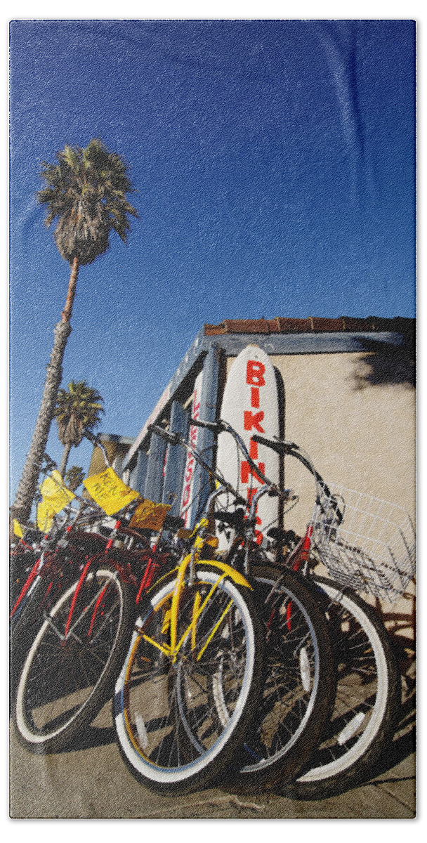 Darin Volpe Patterns And Abstracts Bath Towel featuring the photograph Bikes and Bikinis - Ventura, California by Darin Volpe