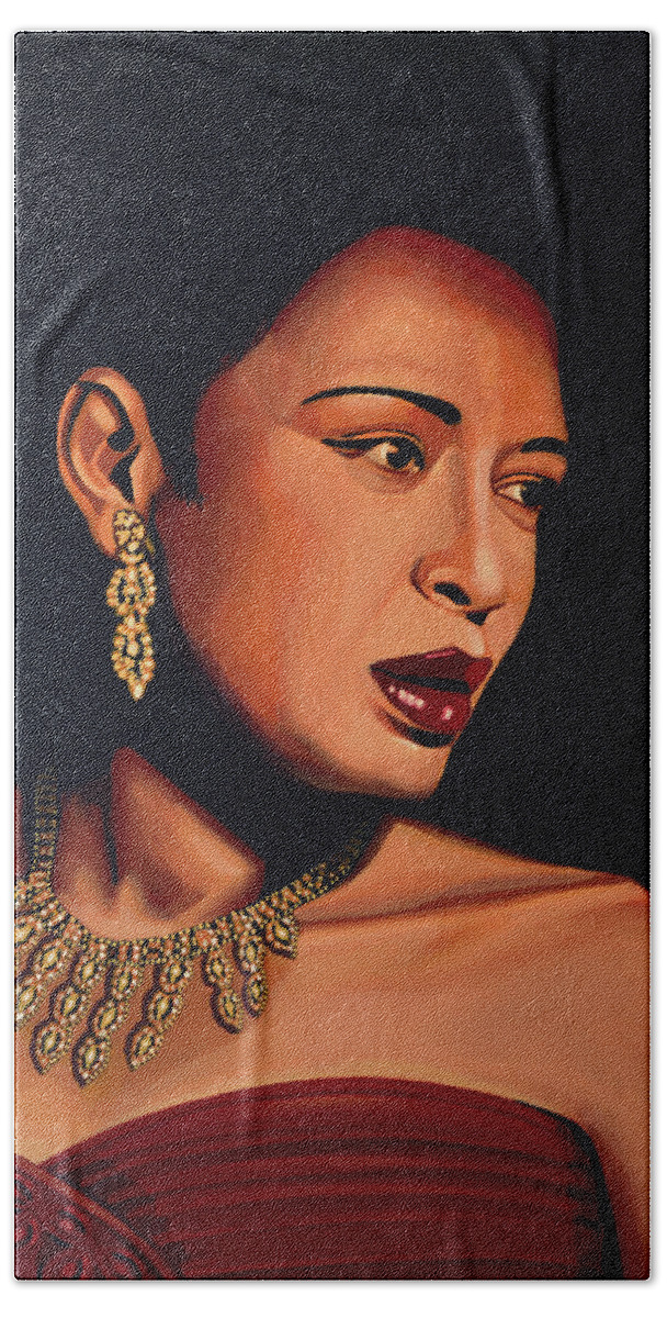 Billie Holiday Bath Towel featuring the painting Billie Holiday by Paul Meijering