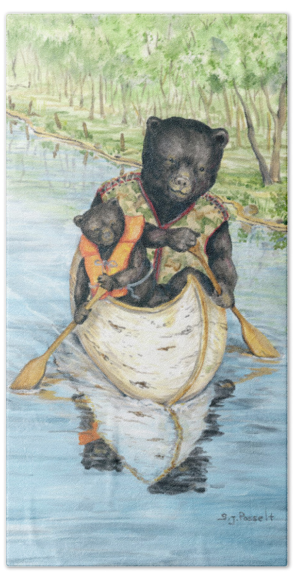 Black Bear Bath Towel featuring the painting Birch Bark Canoe by Sheri Jo Posselt
