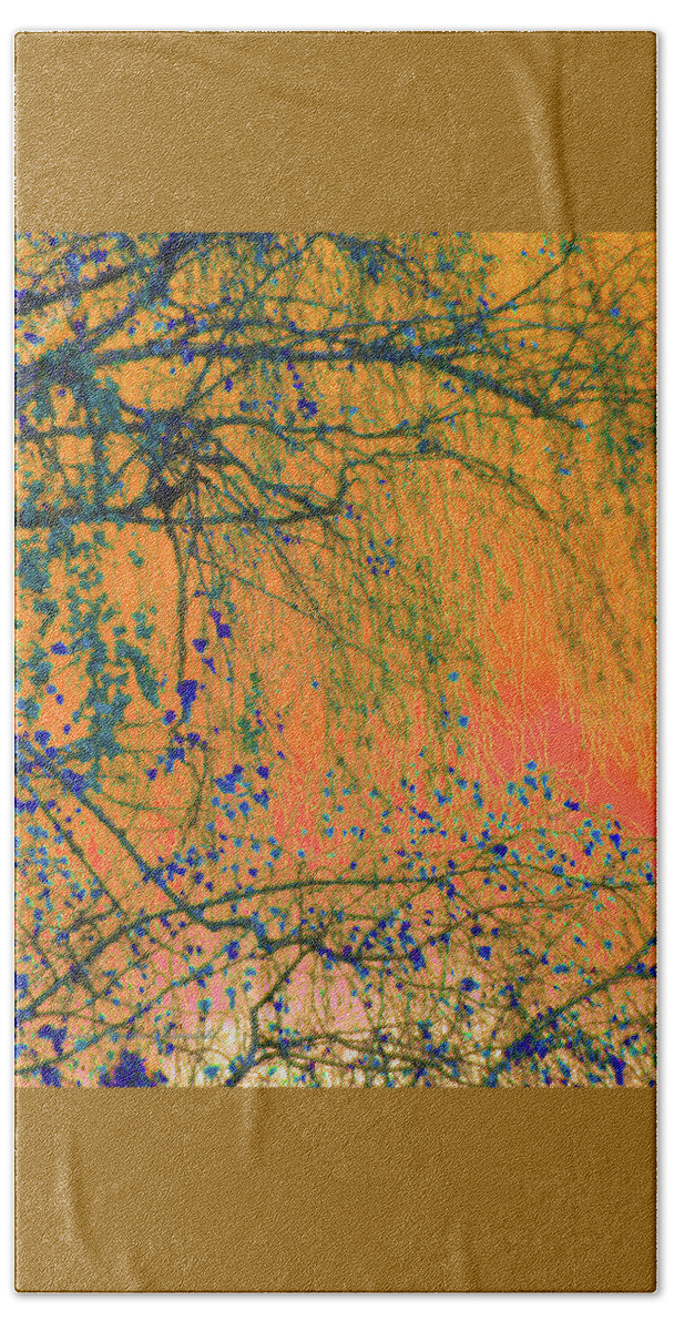 Birch Tree Hand Towel featuring the photograph Birch Tree Branches and Orange Sky - Nature - Manipulated Photography by Brooks Garten Hauschild
