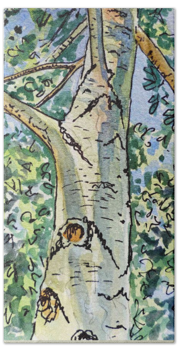 Birch Hand Towel featuring the painting Birch Tree Sketchbook Project Down My Street by Irina Sztukowski