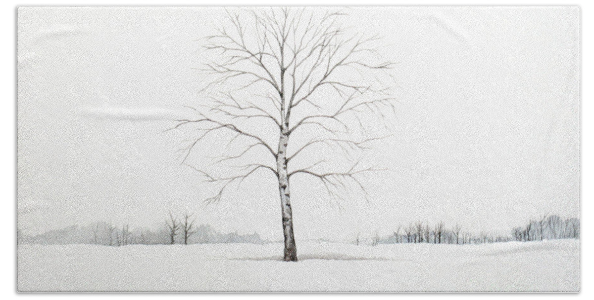 Birch Bath Towel featuring the painting Birch Tree upon the Winter Plain by Christopher Shellhammer