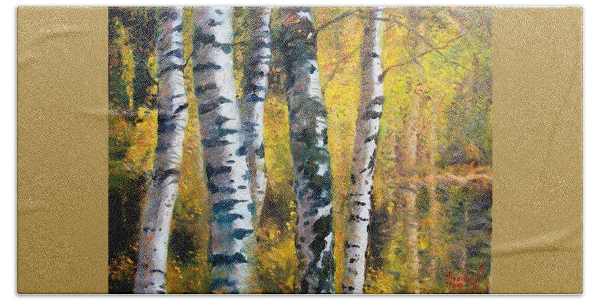 Landscape Hand Towel featuring the painting Birch trees in golden fall by Ylli Haruni