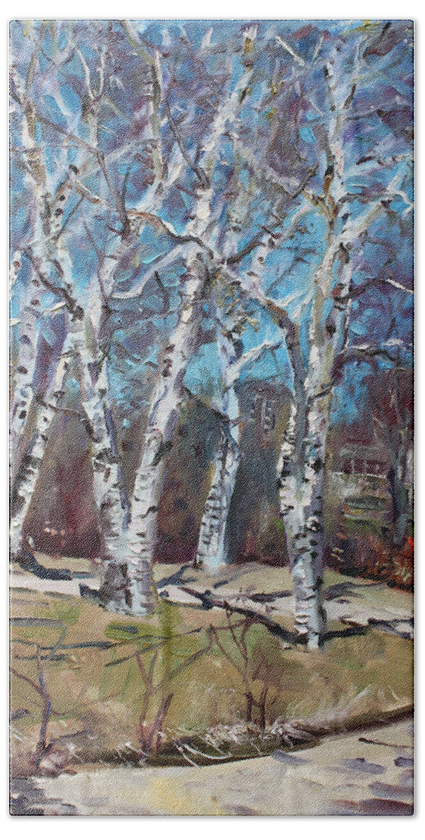 Landscape Bath Towel featuring the painting Birch trees next door by Ylli Haruni