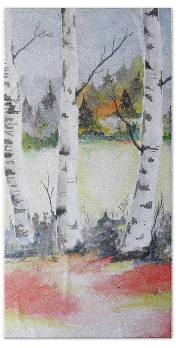 Birch Bath Towel featuring the painting Birches by Barbara Teller
