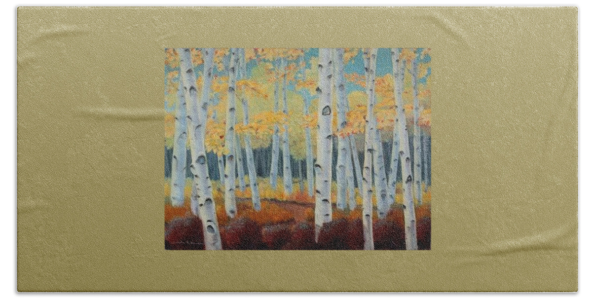 Birch Hand Towel featuring the painting Birchwood Forest by Art Nomad Sandra Hansen