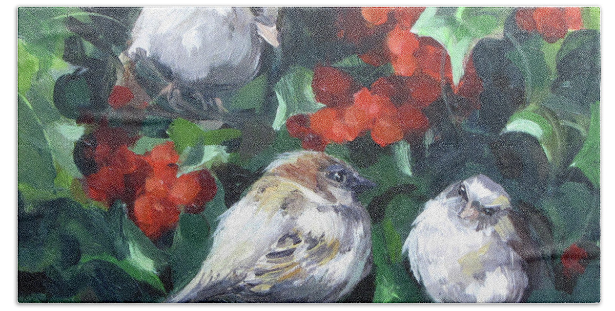 Birds Bath Towel featuring the painting Bird Watching by Karen Ilari