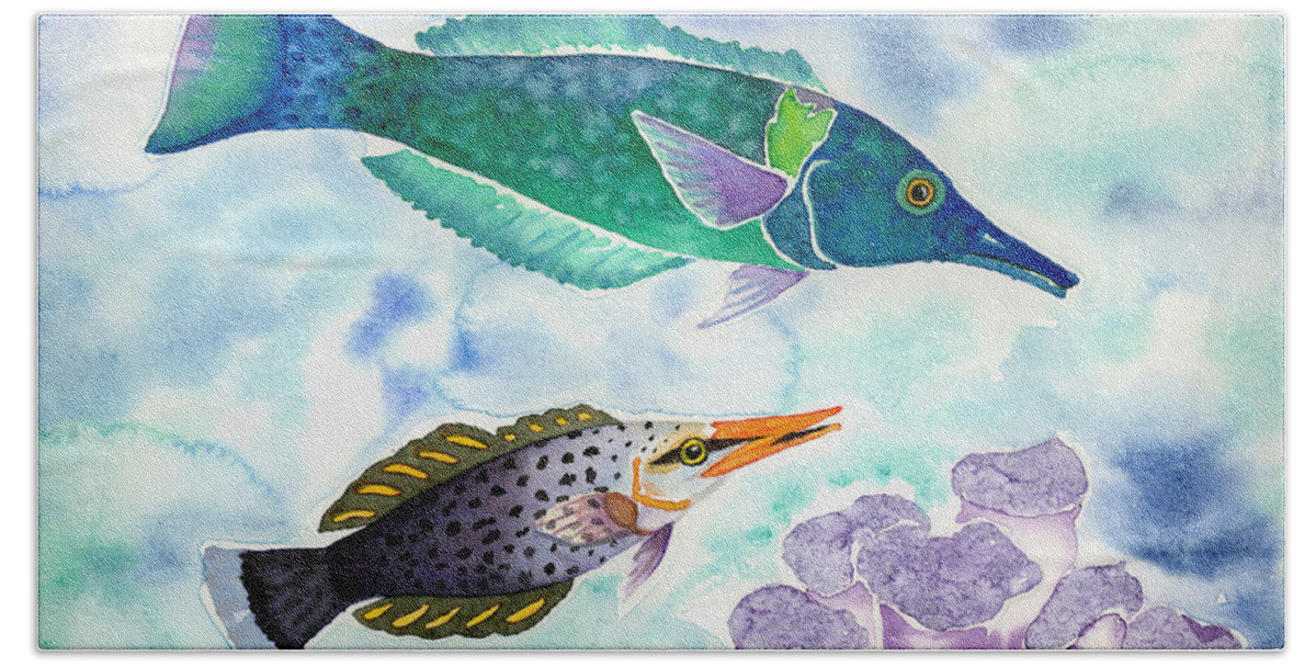 Birdwrasse Bath Towel featuring the painting Bird Wrasse by Lucy Arnold