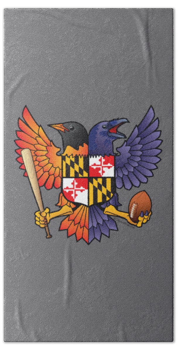 Birdland Bath Towel featuring the digital art Birdland Baltimore Raven and Oriole Maryland Shield by Joe Barsin