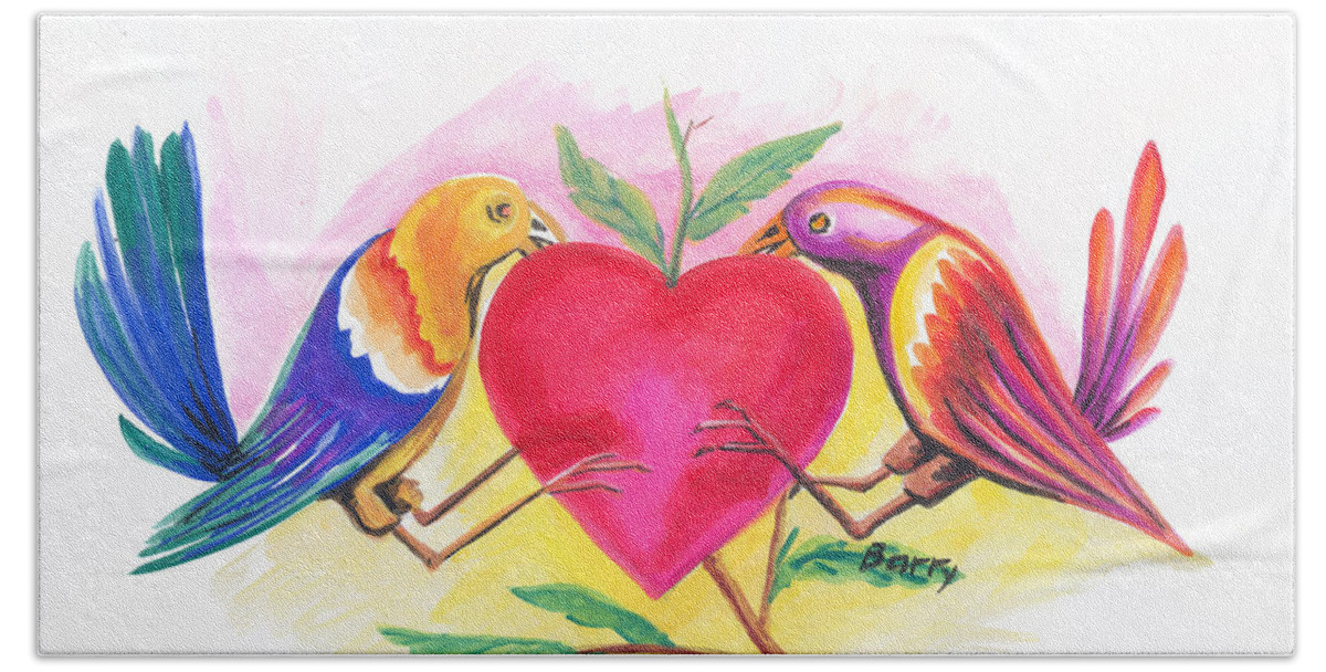 Love Hand Towel featuring the painting Birds in Love 01 by Emmanuel Baliyanga