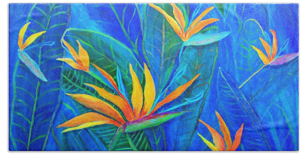 Strelitzia Hand Towel featuring the painting Birds of Paradise in Florida by Anne Sands