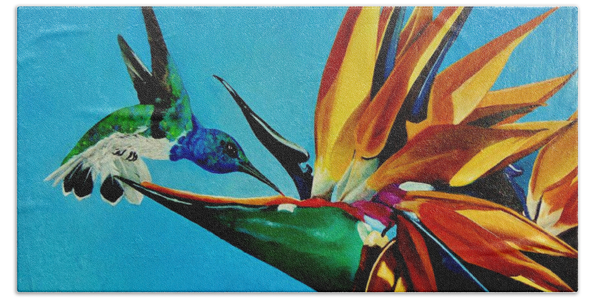 Birds Bath Towel featuring the painting Birds of Paradise with White necked Jacobin hummingbird by Dana Newman