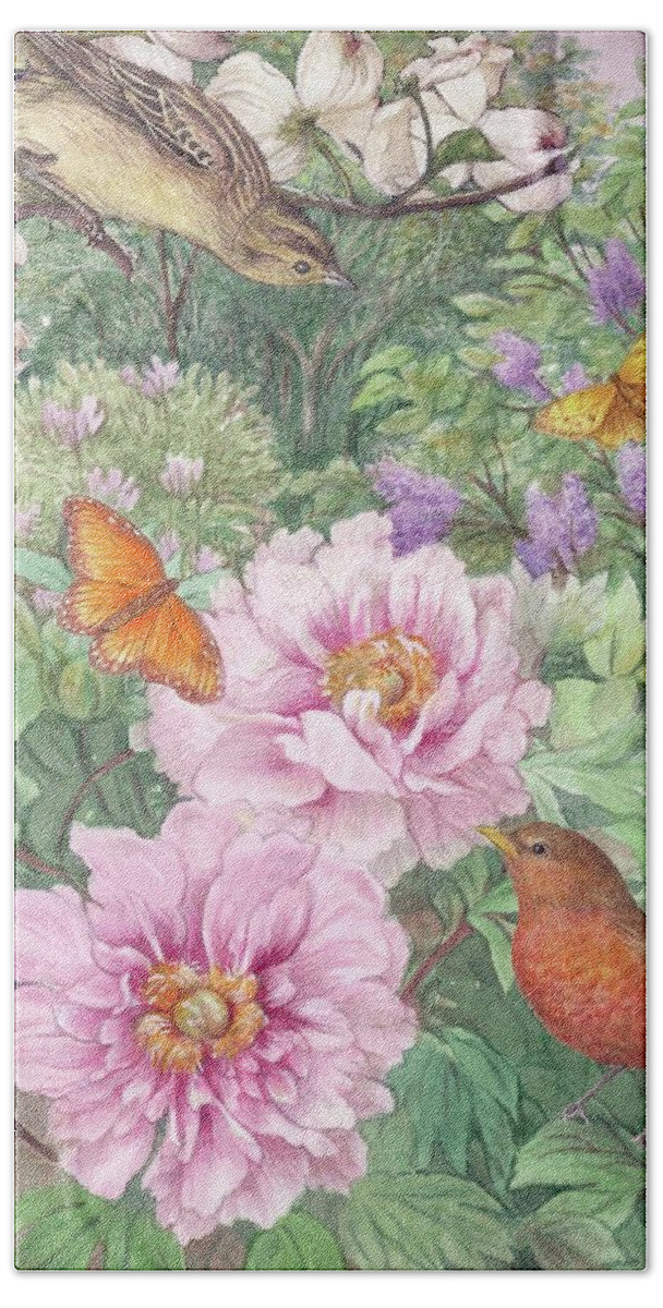 Illustrated Peony Bath Towel featuring the painting Birds Peony Garden Illustration by Judith Cheng