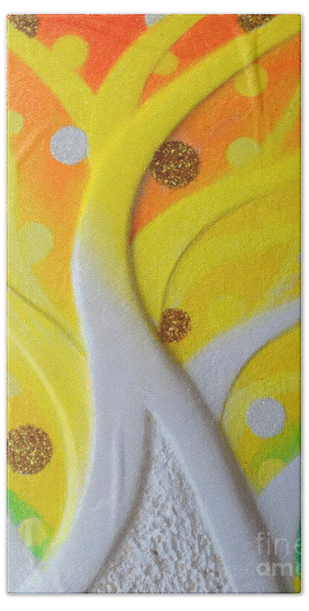 Birth Hand Towel featuring the painting Birth yellowgold 3 by Kumiko Mayer