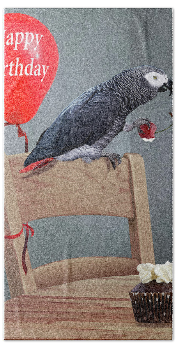 Parrot Bath Towel featuring the digital art Birthday Bird Card by M Spadecaller