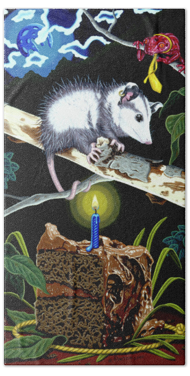 Opossum Hand Towel featuring the painting Birthday Surprise by Paxton Mobley