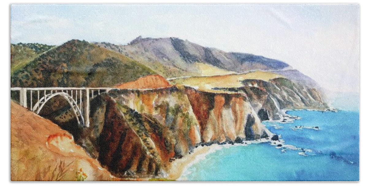 Bixby Bridge Hand Towel featuring the painting Bixby Bridge Big Sur Coast California by Carlin Blahnik CarlinArtWatercolor