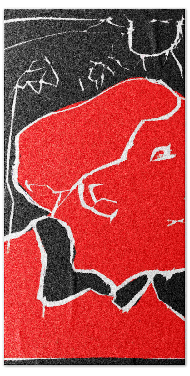 Blockprint Bath Towel featuring the digital art Black and Red series - Passing woman 2 by Edgeworth Johnstone