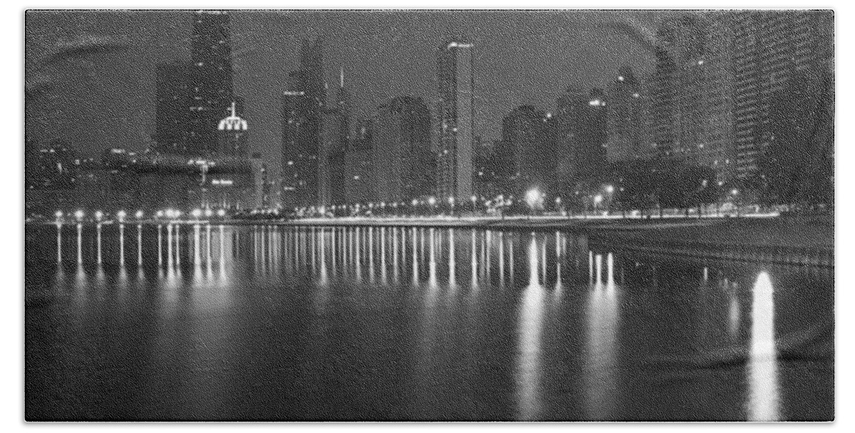 Chicago Hand Towel featuring the photograph Black and White Chicago skyline at night by Sven Brogren