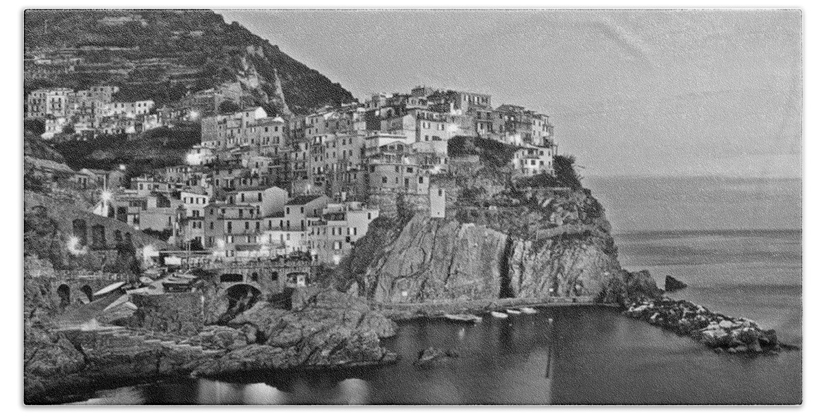 Manarola Bath Towel featuring the photograph Black and White Night for Manarola by Frozen in Time Fine Art Photography