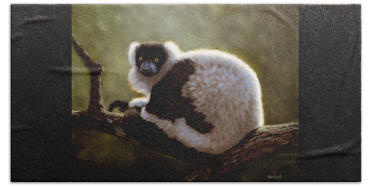 Lemur Bath Towel featuring the painting Black and White Ruffed Lemur by Linda Merchant