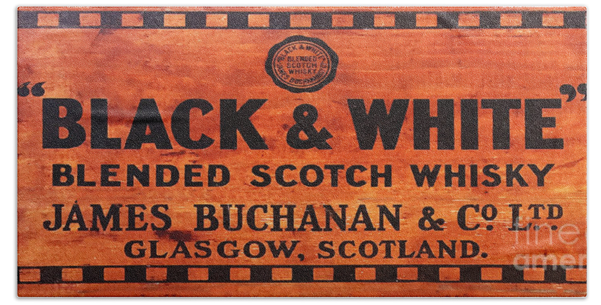 Black & White Scotch Whiskey Wood Sign Bath Towel featuring the photograph Black and White Scotch Whiskey Wood Sign by Jon Neidert