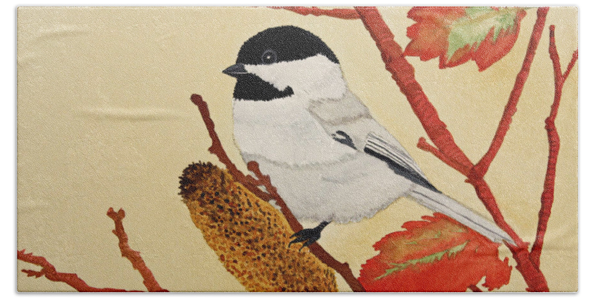 Bird Bath Towel featuring the painting Black Capped Chickadee by Norma Appleton