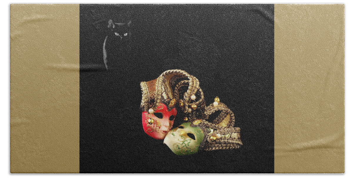 Alex Lyubar Bath Towel featuring the photograph Black cat and love by Alex Lyubar