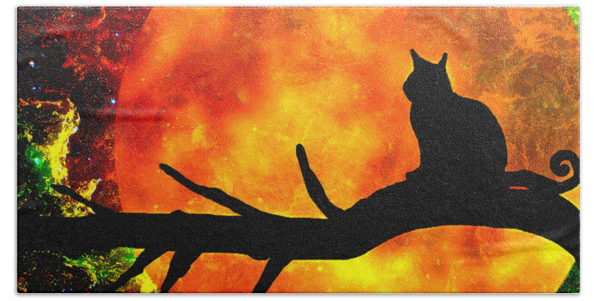 Black Hand Towel featuring the painting Black Cat Harvest Moon by Saundra Myles
