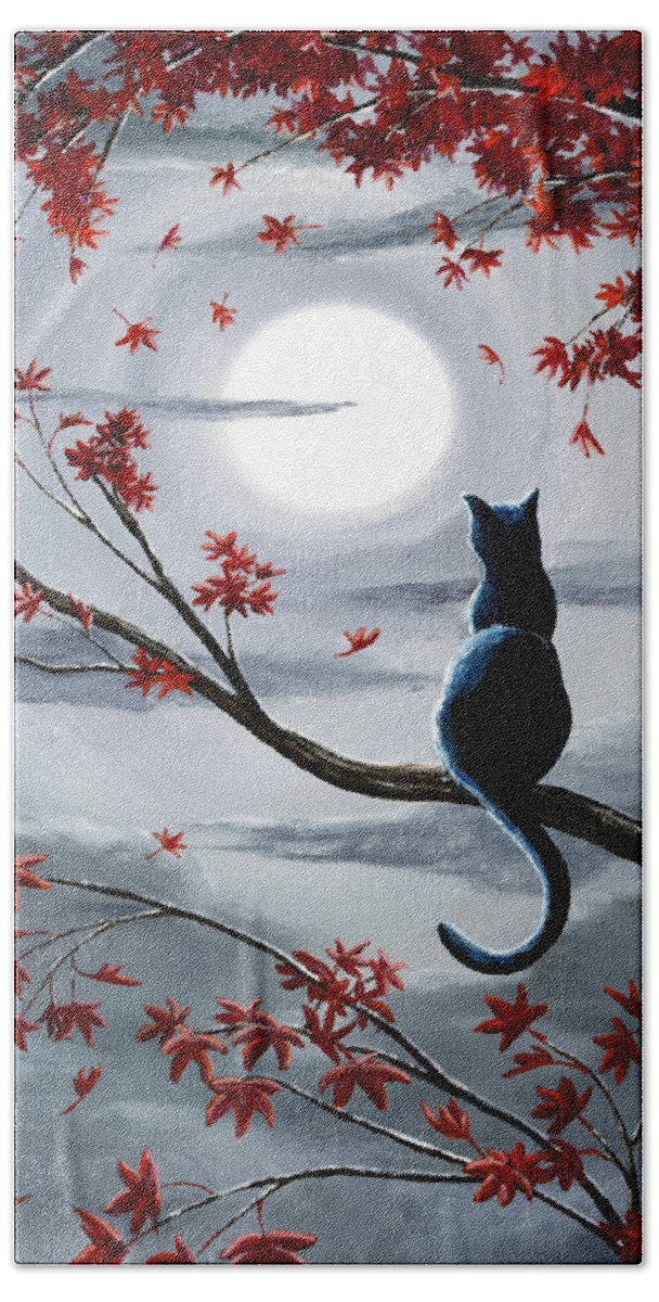 Zen Hand Towel featuring the painting Black Cat in Silvery Moonlight by Laura Iverson
