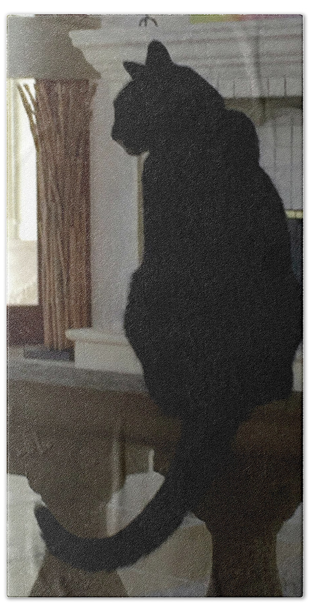 Karen Zuk Rosenblatt Bath Towel featuring the photograph Black Cat On Rail by Karen Zuk Rosenblatt