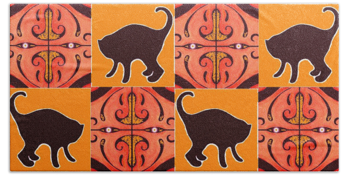 Cats Hand Towel featuring the digital art Black Cats and Orange Lanterns by Helena Tiainen