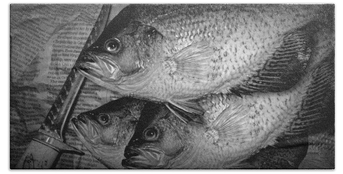 Crappie Hand Towel featuring the photograph Black Crappie Panfish with Fish Filet Knife in Black and White by Randall Nyhof